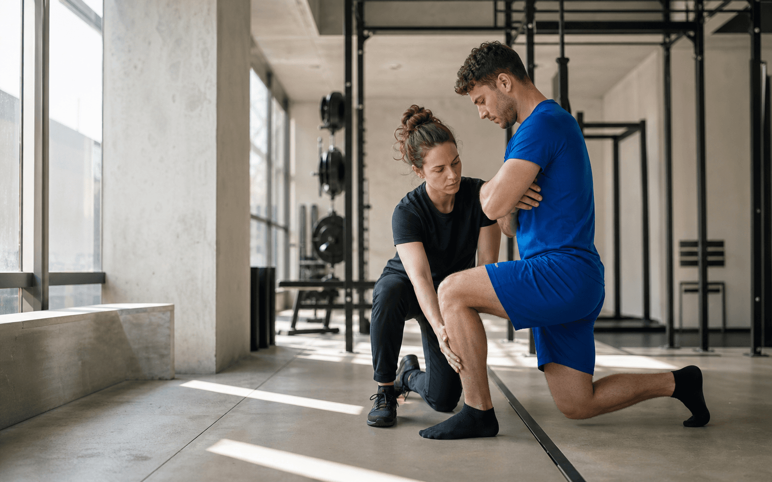 Therapeutin und Sportler bei einer Bewegungsanalyse