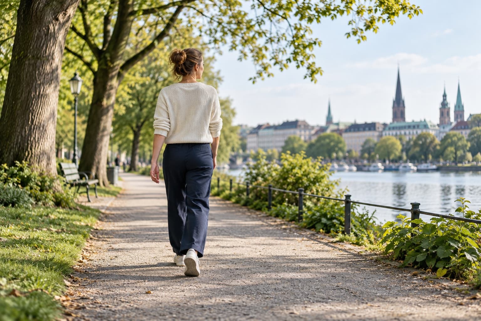 Person spaziert auf einem Weg am Wasser